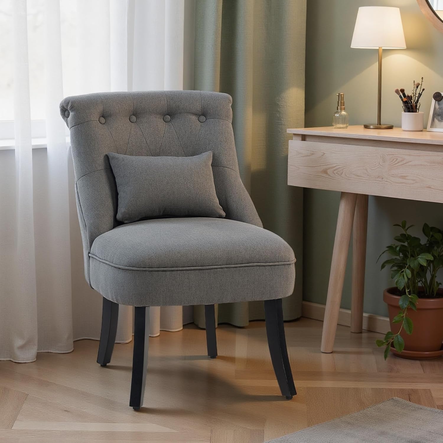 Charcoal Grey Linen Accent Tub Chair Button Tufted Lounge Seat