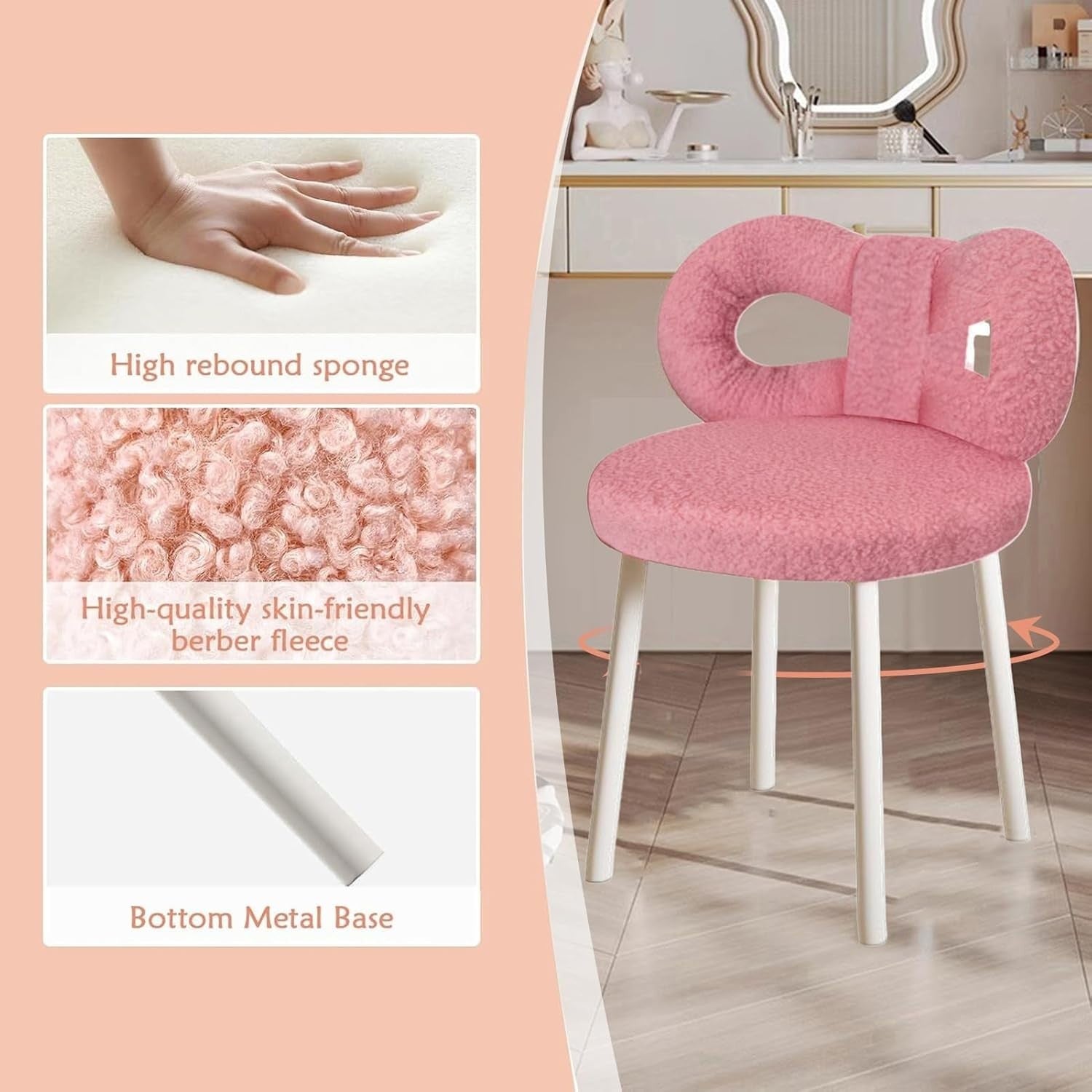 Vanity Stool with Soft Faux Wool Seat and Backrest, Bedroom Chair for Adults