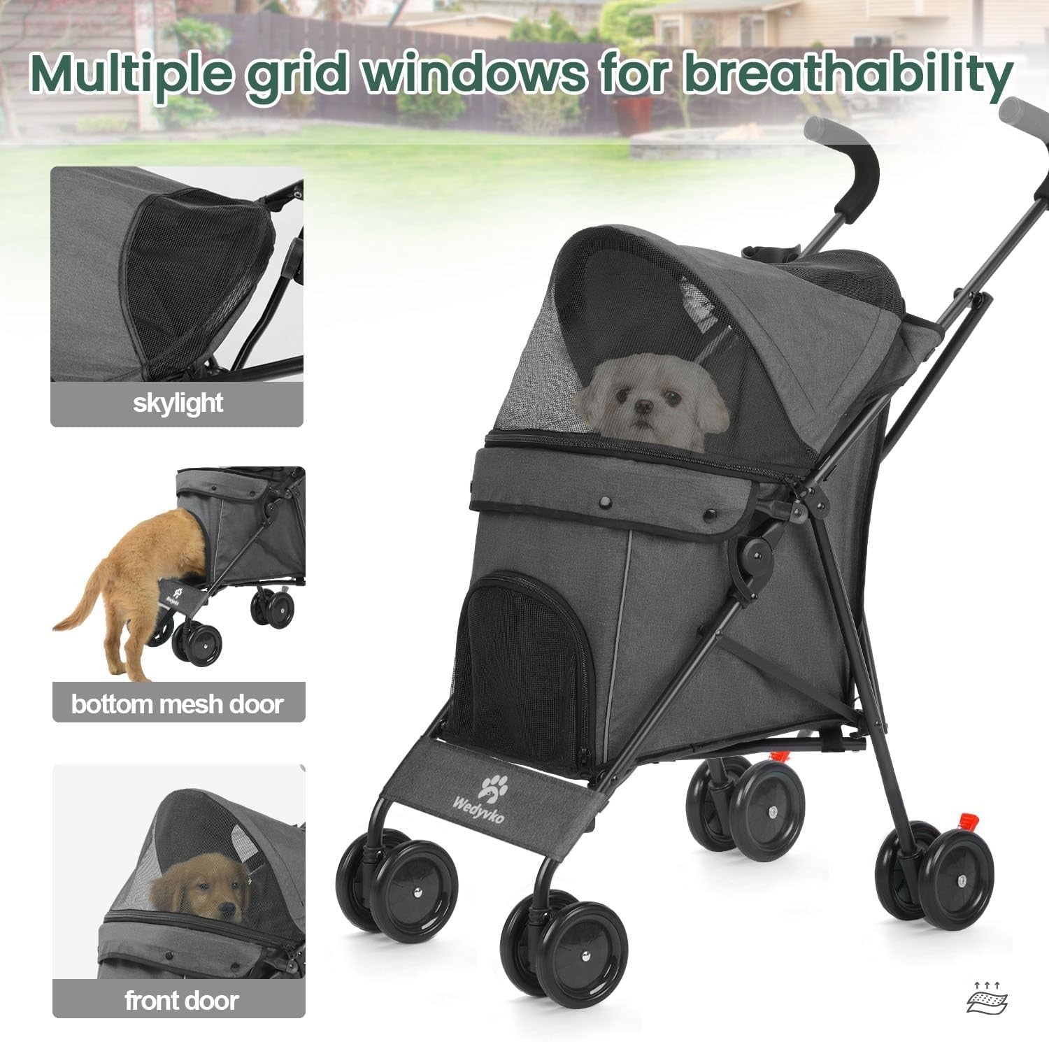 3 in 1 Pet Stroller Folding Dog Cat Pushchair 4 Wheel Travel Pram Grey