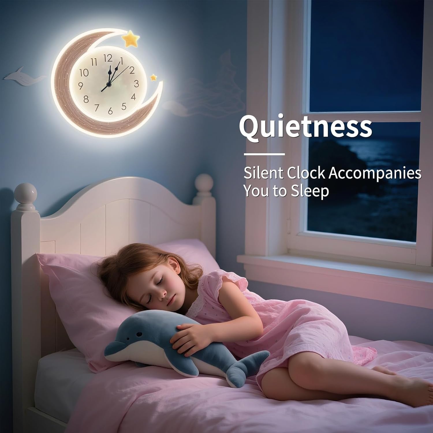 Moon Neon Wall Clock LED Dimmable Silent Night Light Bedroom Decor