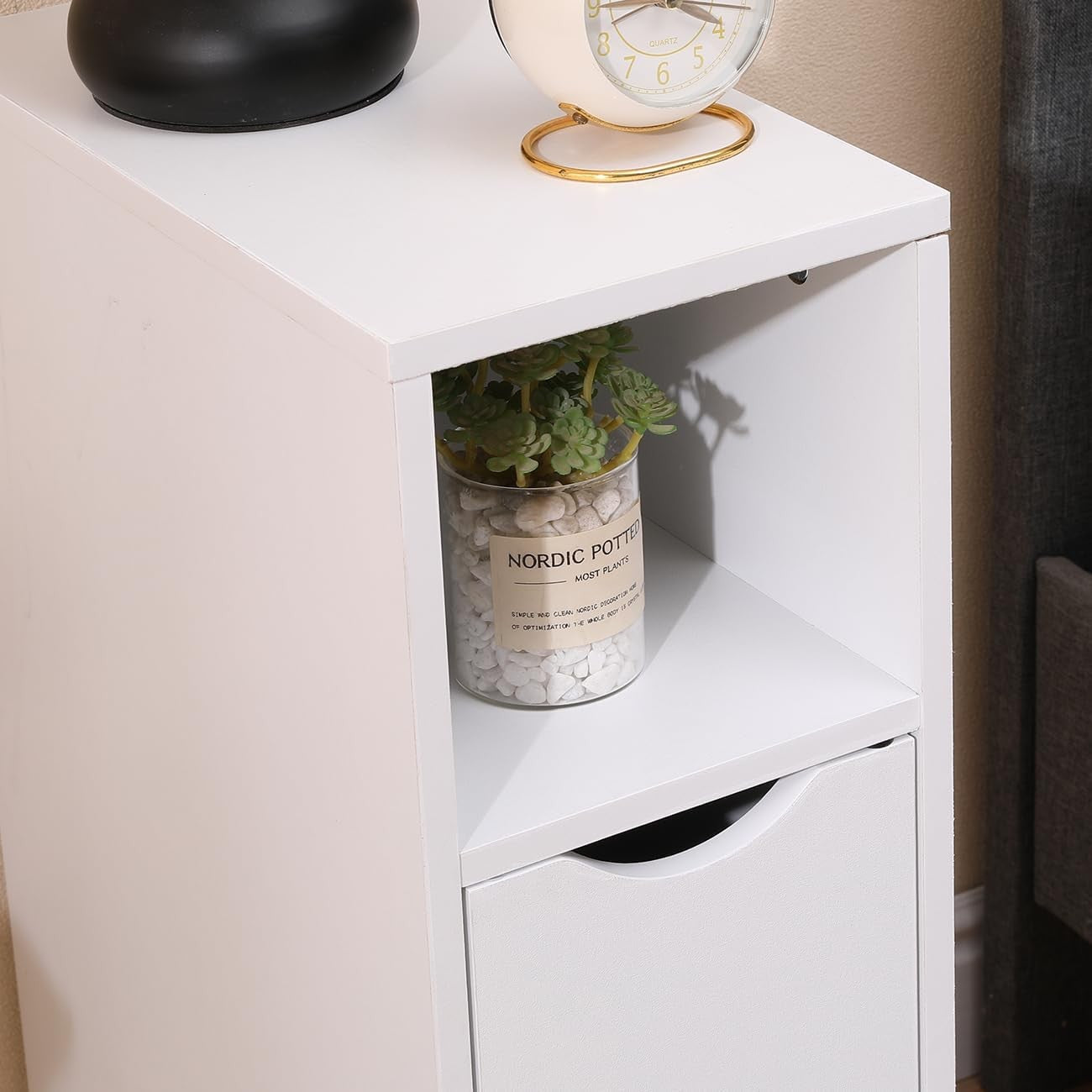 Slim White Bedside Table with Door & Shelf, Narrow Nightstand for Small Spaces