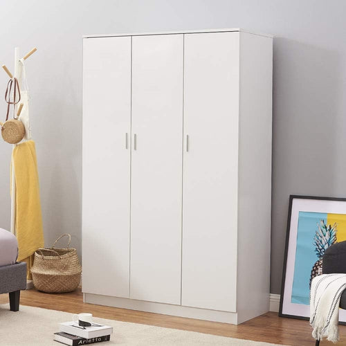3-Door White Wardrobe with Hanging Rail & Shelves Large Bedroom Storage Cupboard