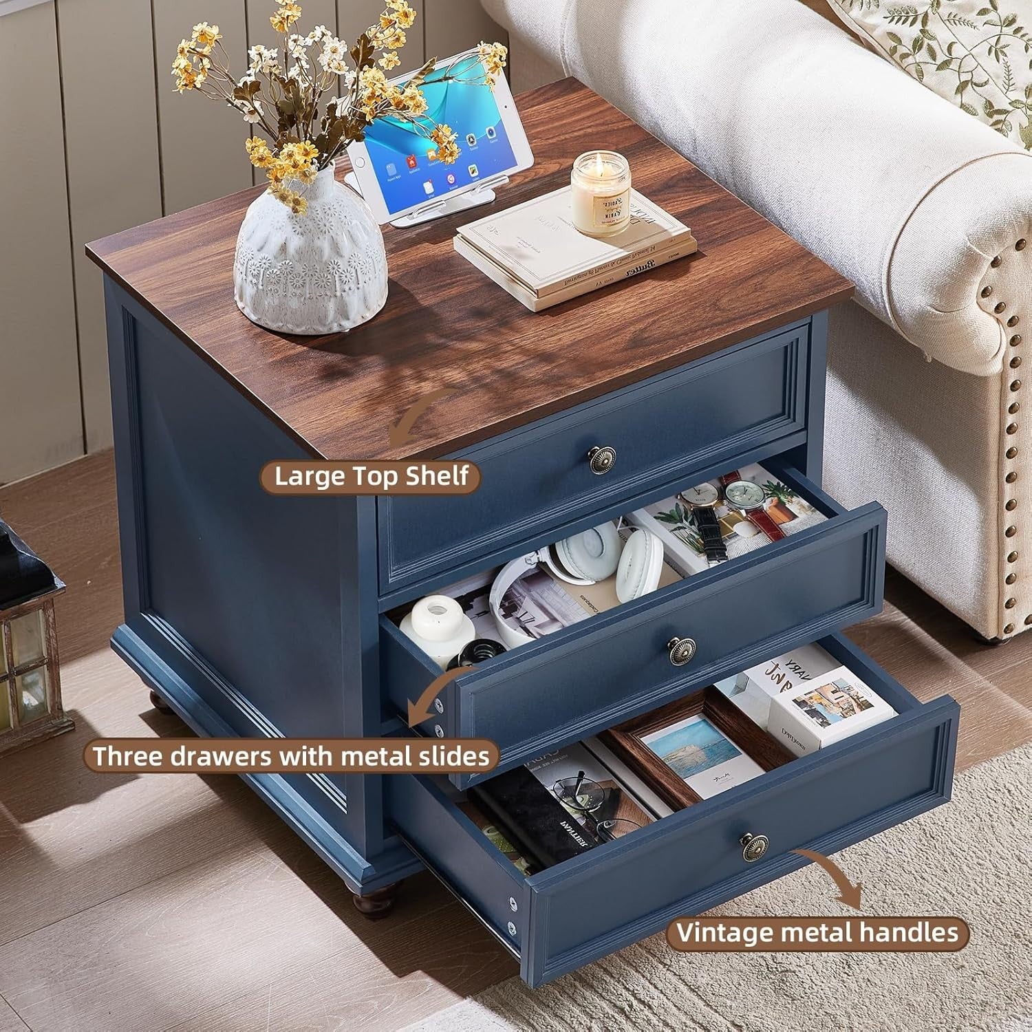 Dark Blue Wooden Bedside Table with Drawers – Rustic Farmhouse Nightstand