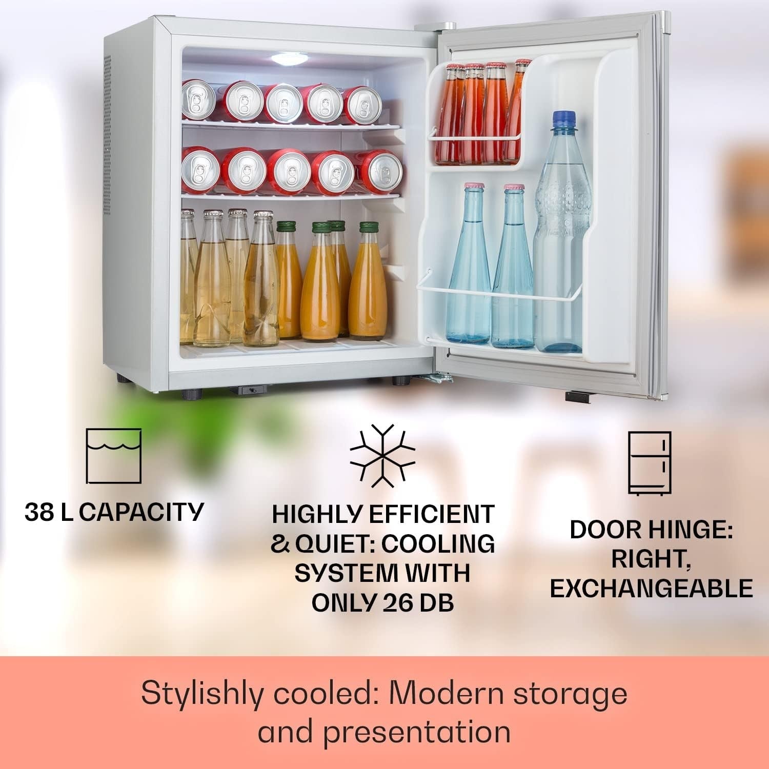 38L Mini Fridge Silver Portable Cooler and Drinks Fridge Adjustable Shelves