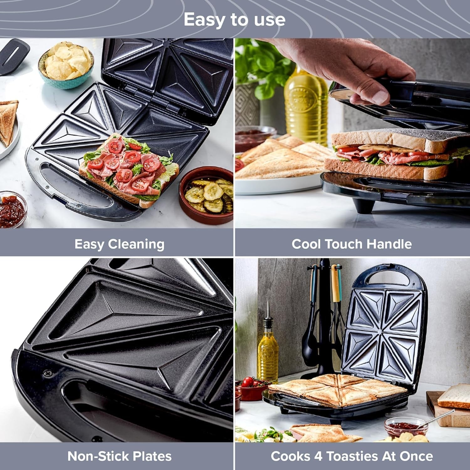 4 Portion Quad Sandwich Toaster Non-Stick, Auto Temp Control, Easy Clean