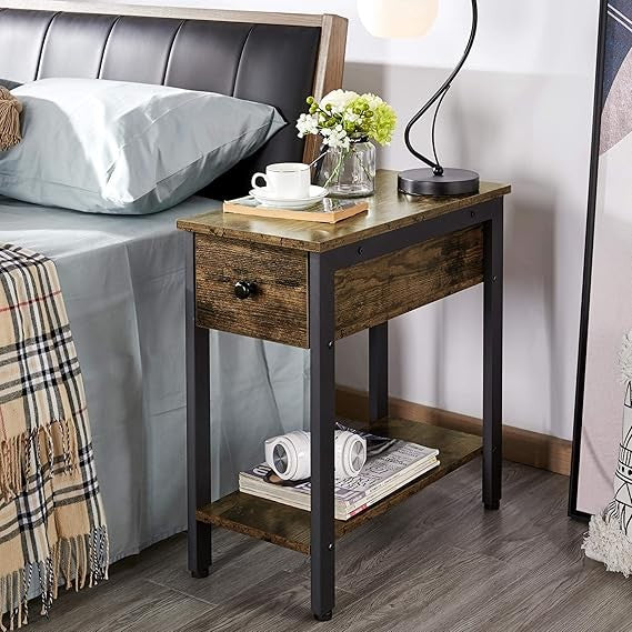 Industrial Narrow Bedside Table with Drawer & Shelf Rustic Brown 60x30x61cm