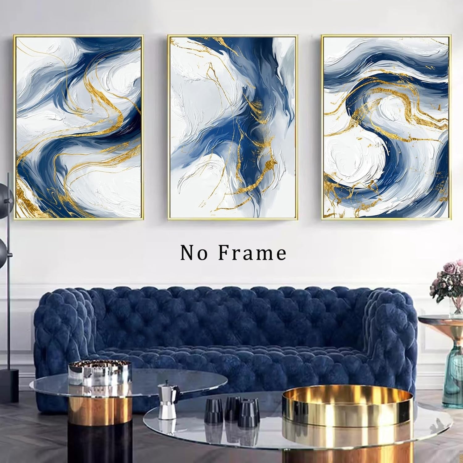 Blue Gold Abstract Canvas Wall Art Set 3 60x40cm Prints