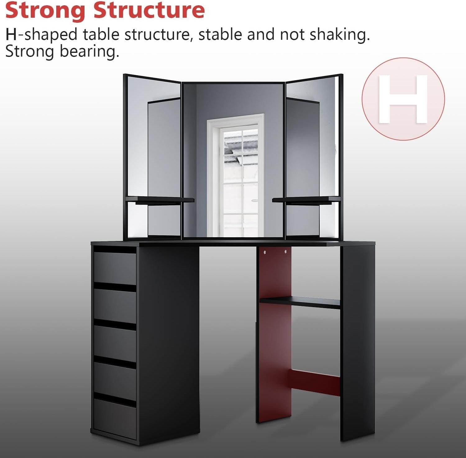 Corner Makeup Vanity Table Desk Black 5 Drawer 3-Angle Mirror Small Space