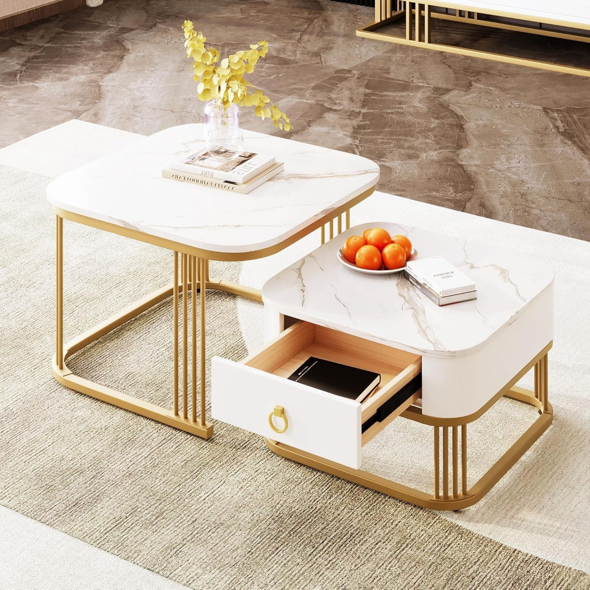 Square White Marble Nesting Coffee Table Set with Drawer – Gold Legs, Modern