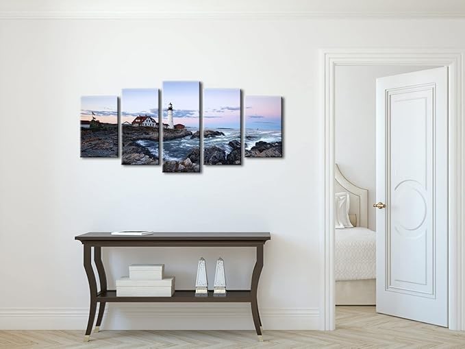 Wieco Art Island 5-Piece Modern Stretched Canvas Seascape Lighthouse Wall Art