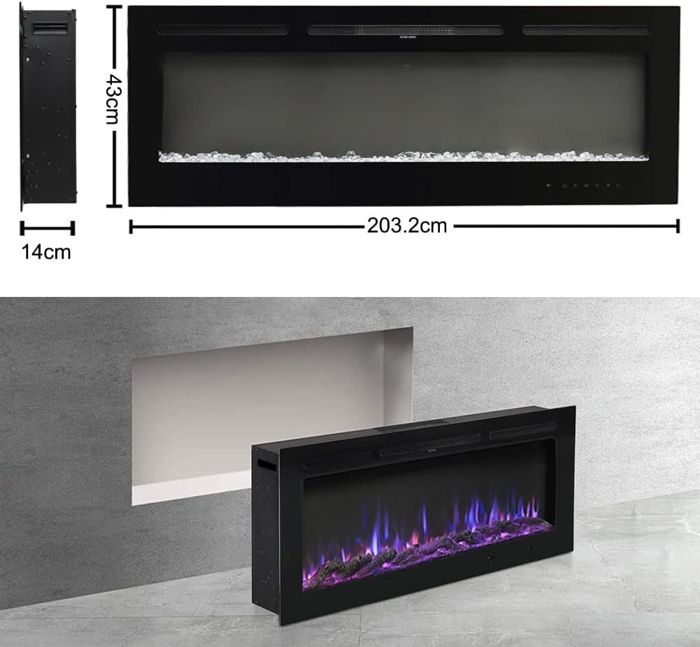 80" LED Wall Electric Fireplace Recessed Heater Log Crystal Remote