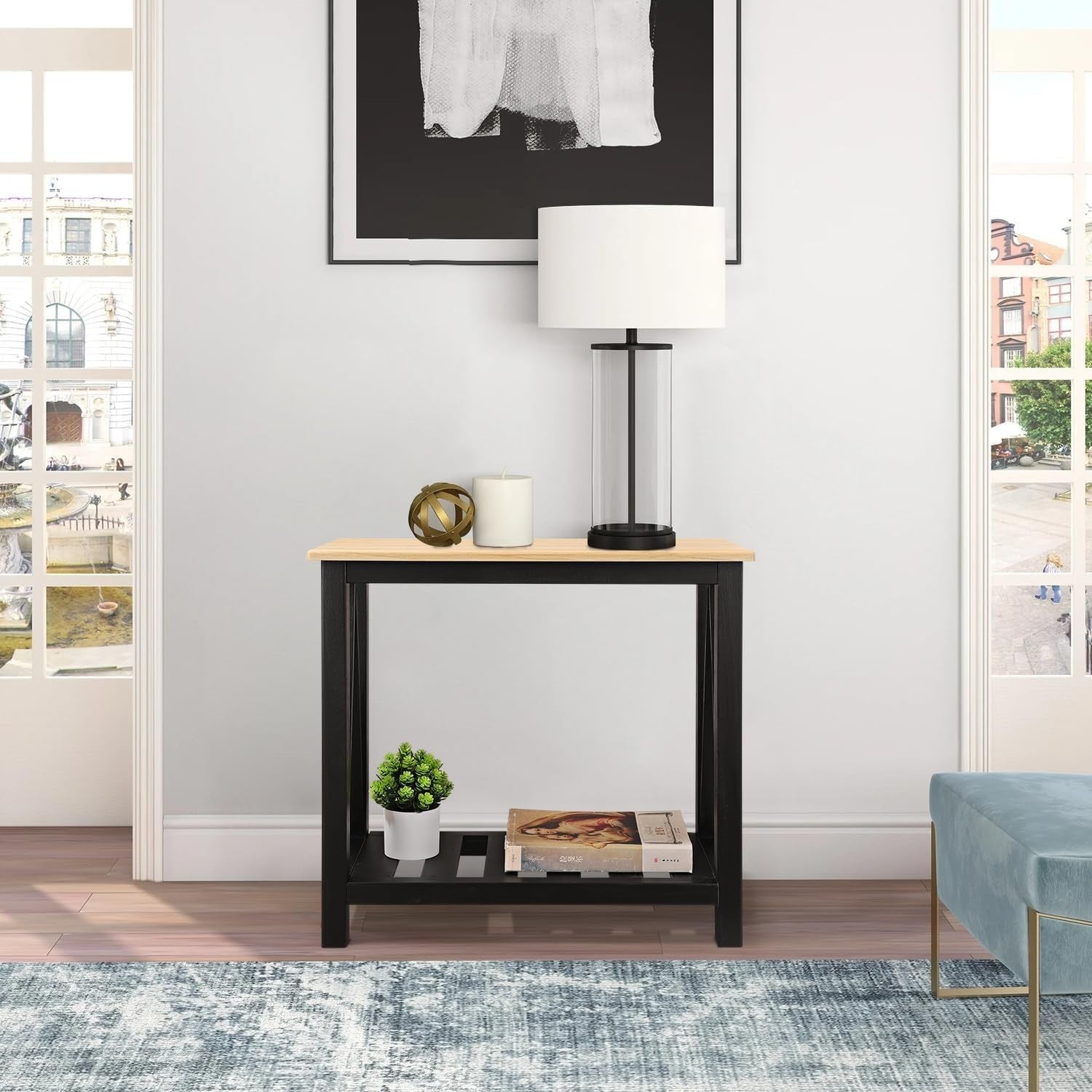 Narrow Wood Side Table with Shelves, Rectangular Nightstand for Small Spaces