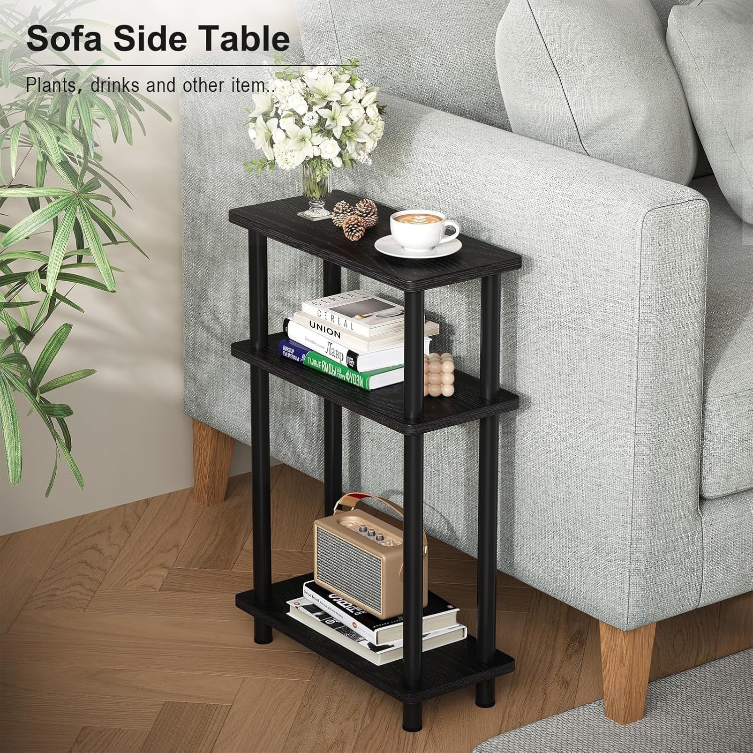Narrow 3-Tier End Table, Space-Saving Slim Side Table for Bedroom & Living Room