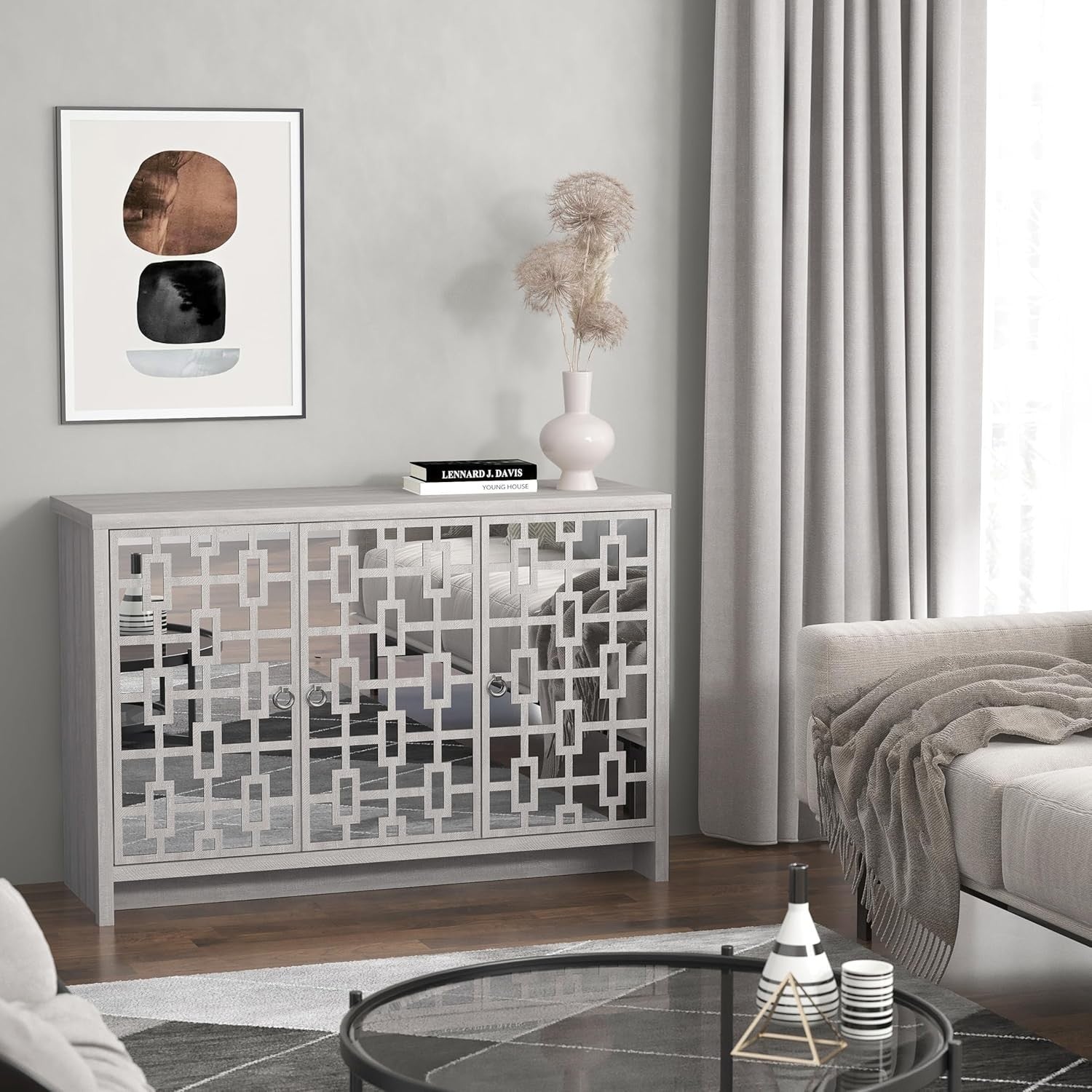 Modern Mirrored Sideboard Cabinet 3 Door Grey Oak Storage Unit Room