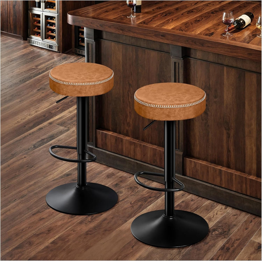 2PCS Brown Adjustable Swivel Bar Stools 36cm Round Kitchen Chairs