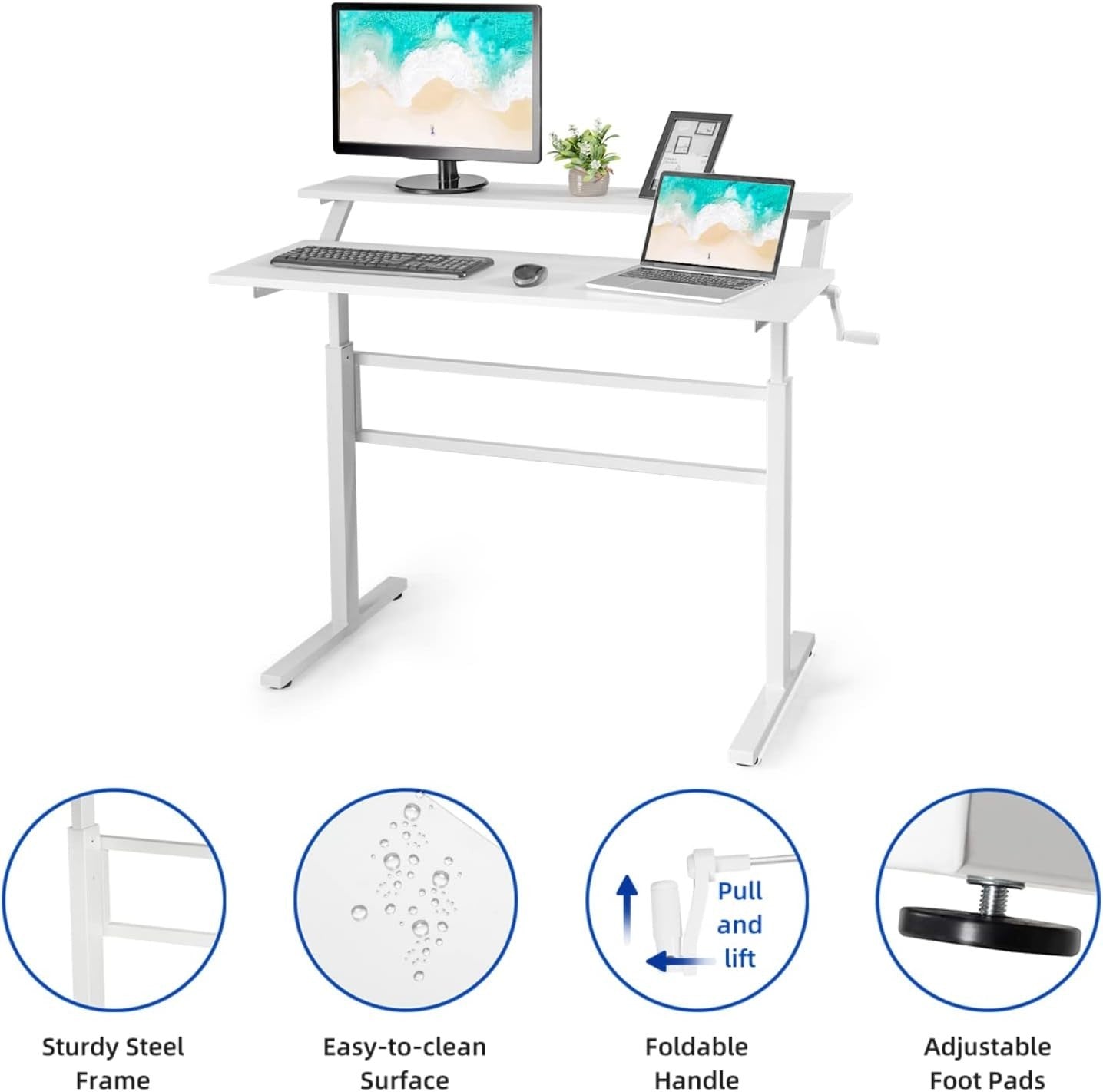 White Adjustable Standing Desk 113cm Crank Handle Sit Stand Table
