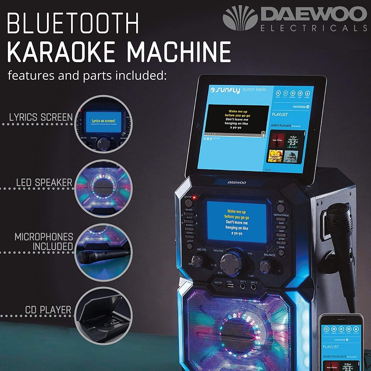 Daewoo AVS1302 Bluetooth Portable Karaoke Machine 2 Mics CD USB LED