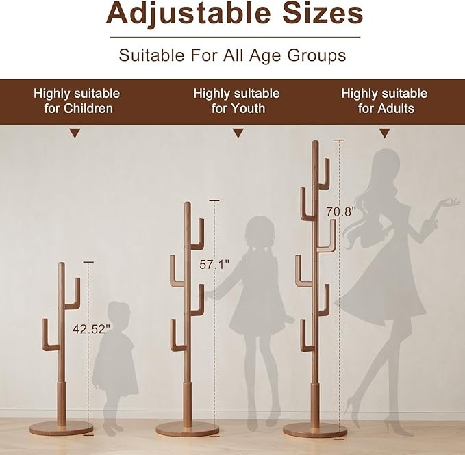 Walnut Wooden Coat Rack Stand | Modern Cactus Design Hall Tree with 6 Hooks