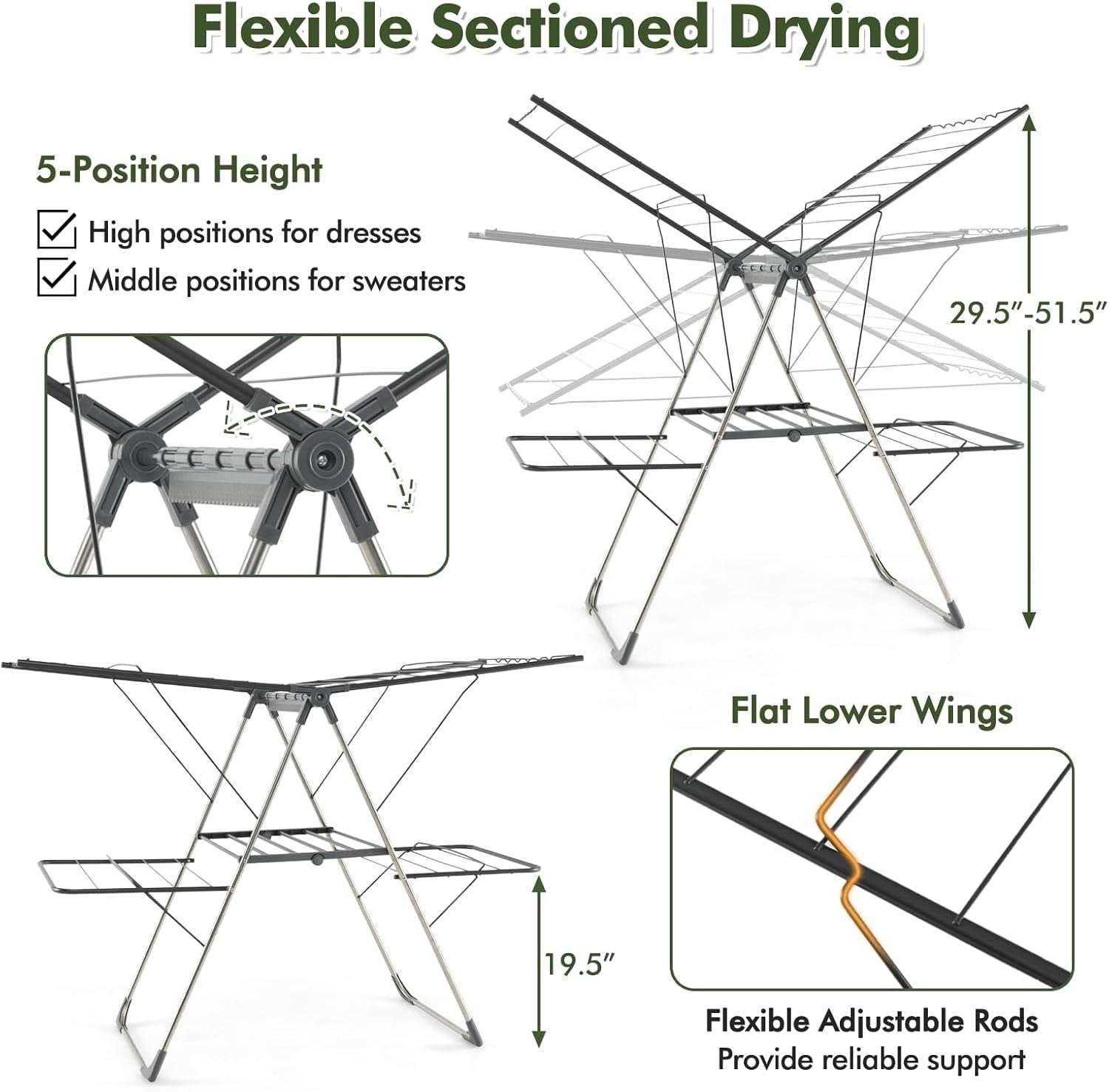 Foldable Clothes Drying Rack 2 Tier Airer 33 Rails Adjustable Freestanding