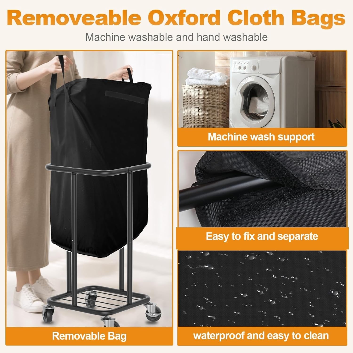 115L Rolling Laundry Hamper with Wheels Black Steel Frame Removable Washable Bag