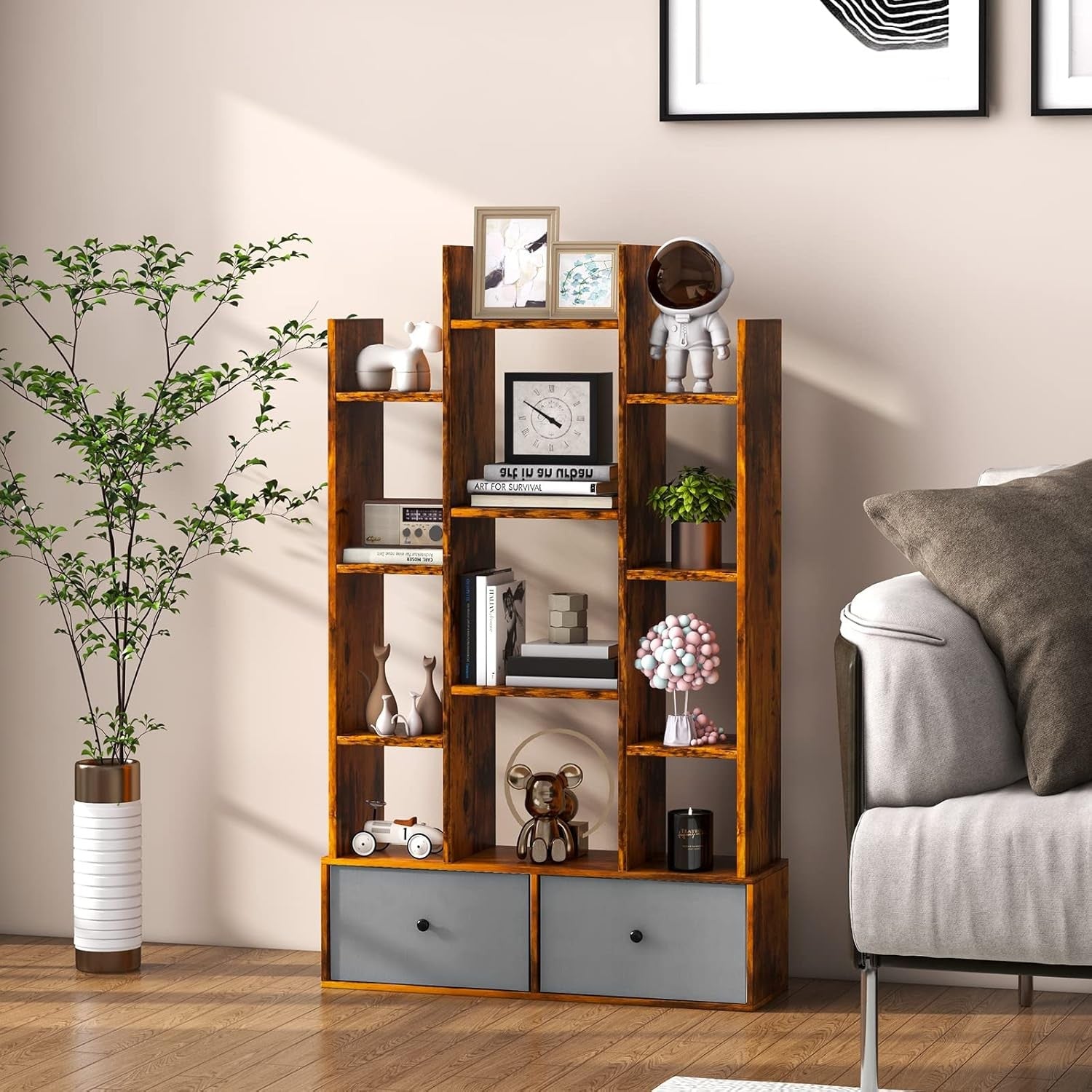 Rustic Brown Tree-Shaped Tall Bookcase 12 Cube Storage Shelf with 2 Drawers