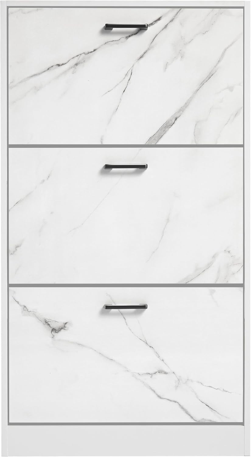 Marble White 3 Drawer Shoe Cabinet Modern Slim Storage Unit Hallway