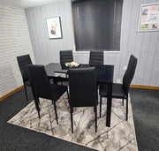 Black Glass Dining Table Set with 6 Leather Chairs Modern 6 Seater 134cm