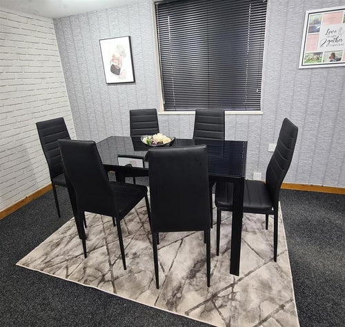 Black Glass Dining Table Set with 6 Leather Chairs Modern 6 Seater 134cm