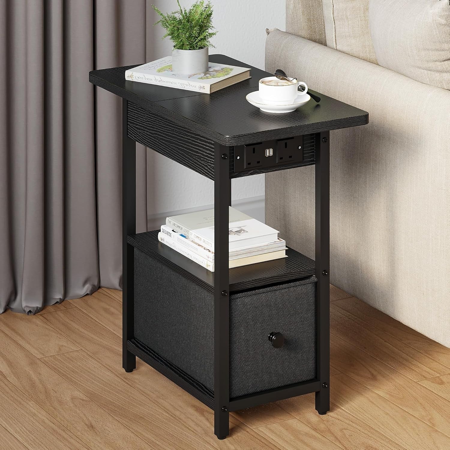 Slim Charging Side Table with USB Ports, Storage Shelf & Drawer for Bedroom
