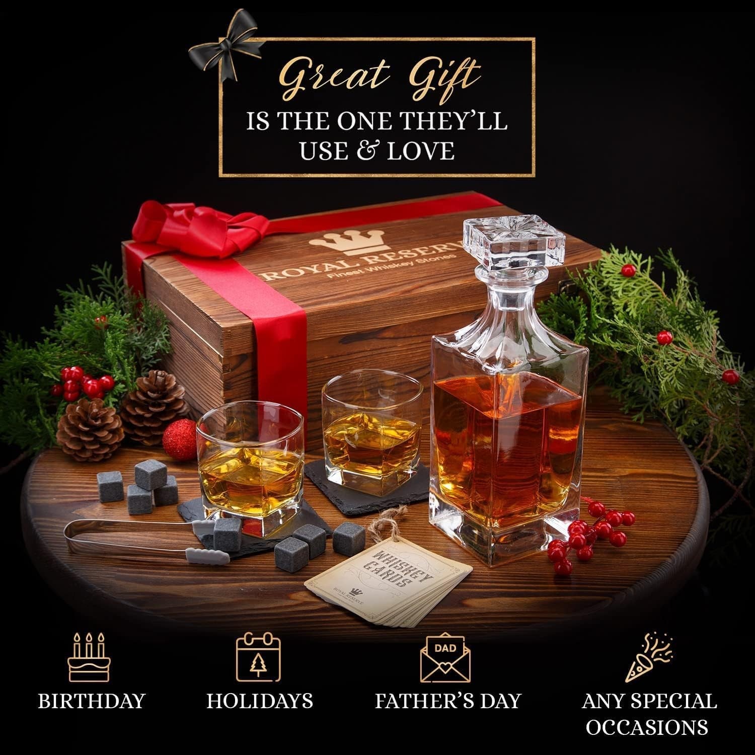 Luxury 1000ml Whisky Decanter Gift Set with Glasses Stones Tongs & Wooden Box
