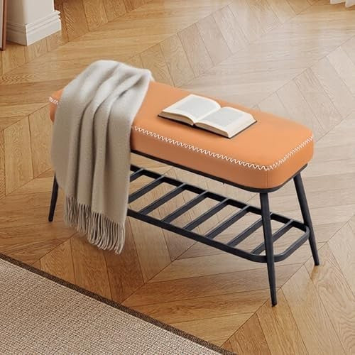 Brown PU Leather Shoe Storage Bench with Cushion Seat & Metal Frame Entryway