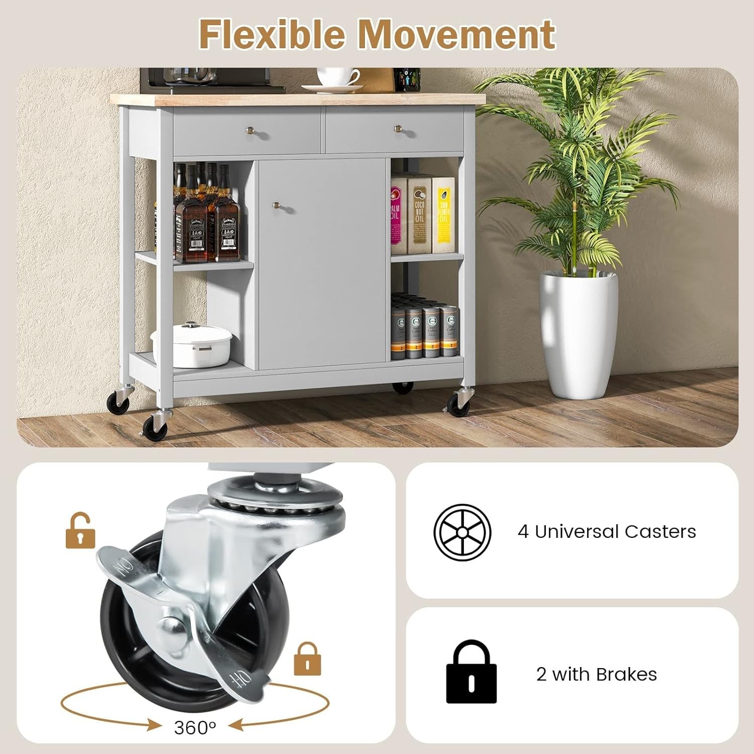 Kitchen Island Trolley with Drawers & Adjustable Shelves Grey 99x46x90cm
