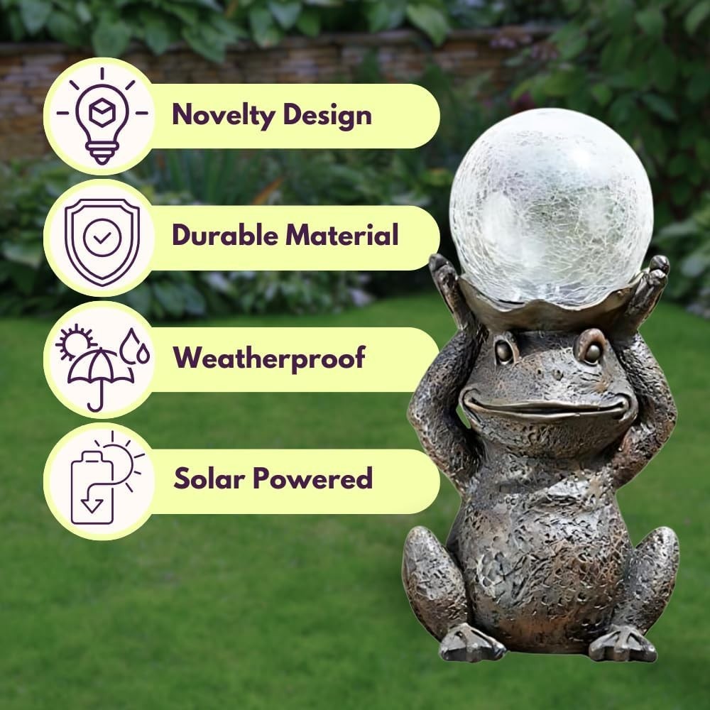 Solar Frog Garden Ornament with Colour Changing LED Globe Outdoor Statue 40cm