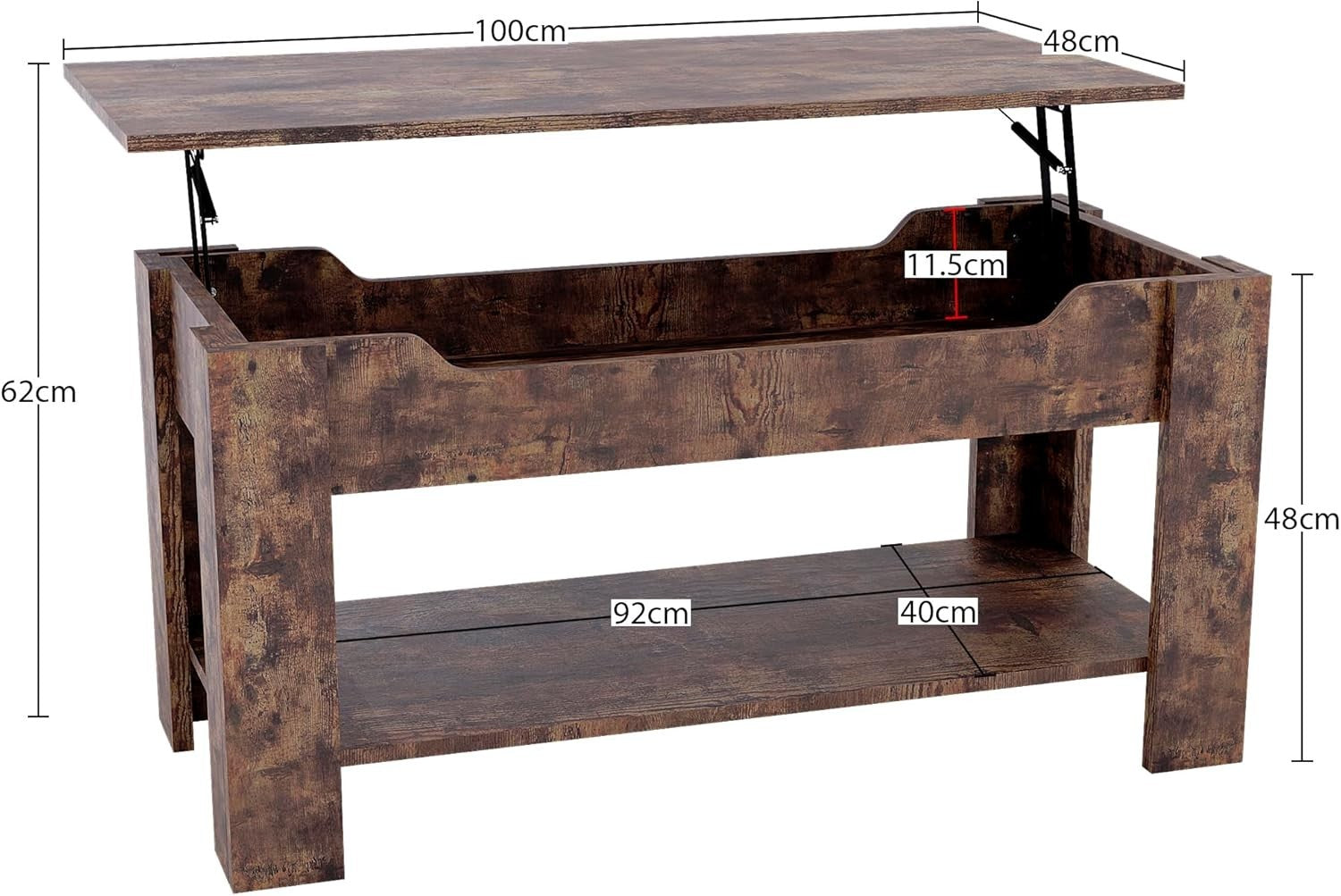 Lift Up Coffee Table with Hidden Storage & Shelf, Modern Dark Wood 100cm