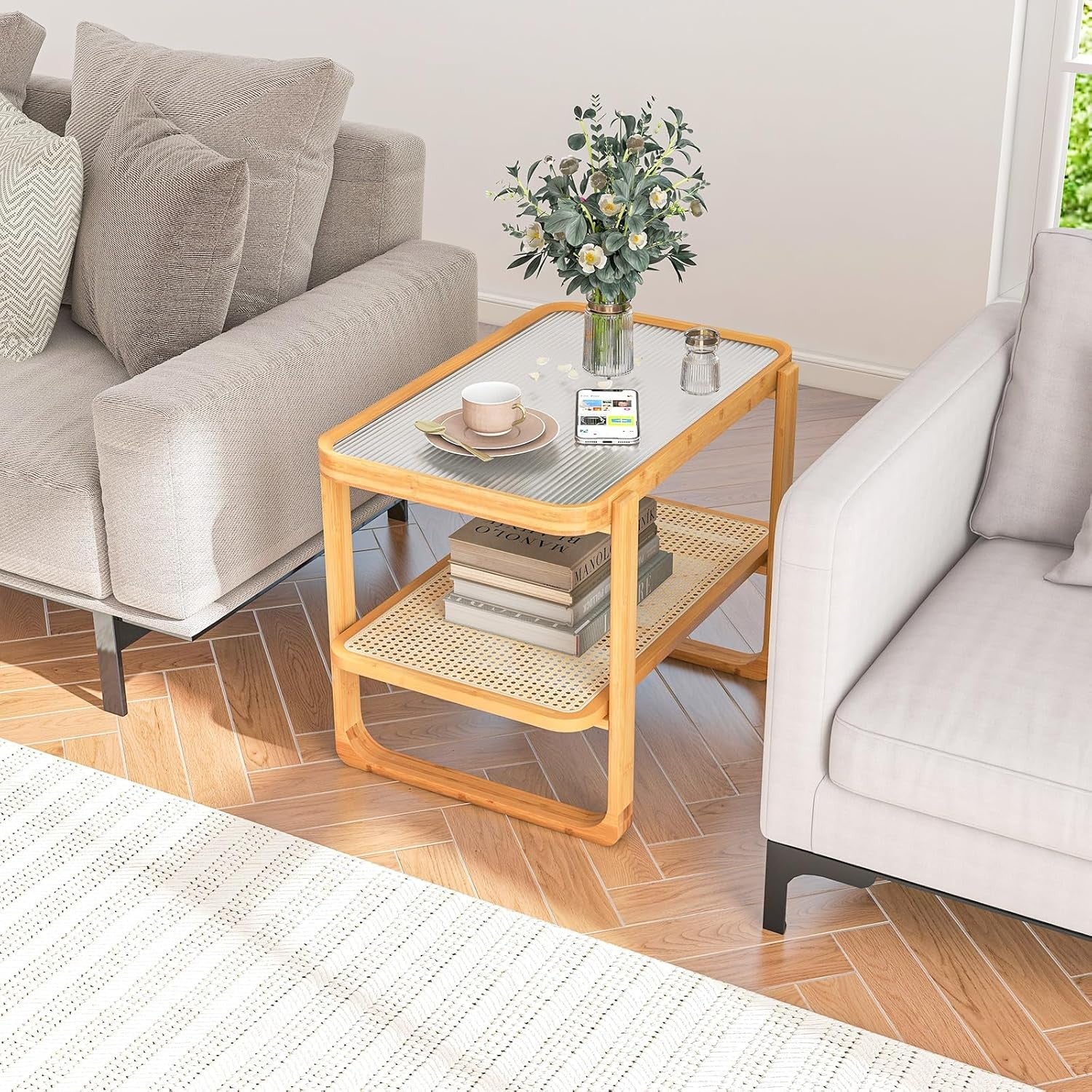 Modern Bamboo Side Table with Tempered Glass Top, 2-Tier Storage Shelf 70x44x55c