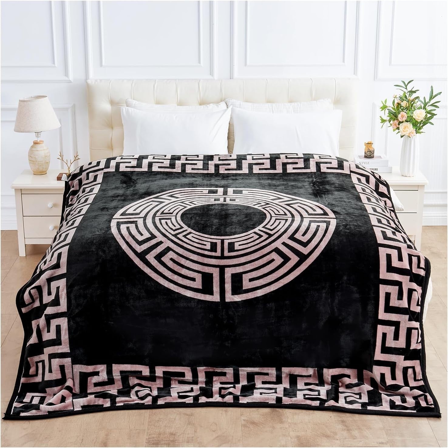 Greek Key 4kg Sherpa Weighted Blanket 200x240cm King Size Bed Throw XL