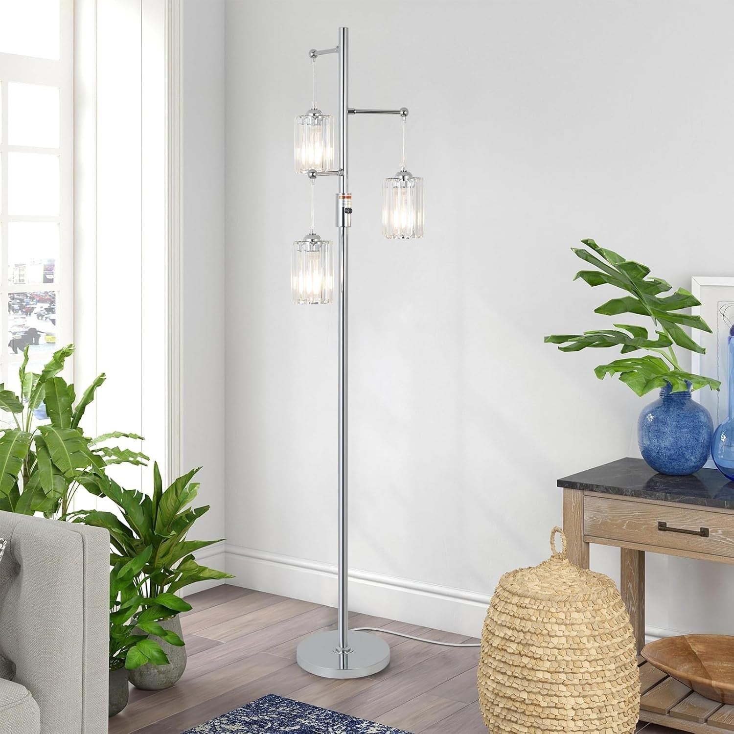 Dimmable 3-Light Floor Lamp Chrome Crystal Shades LED Compatible Tall Lamp