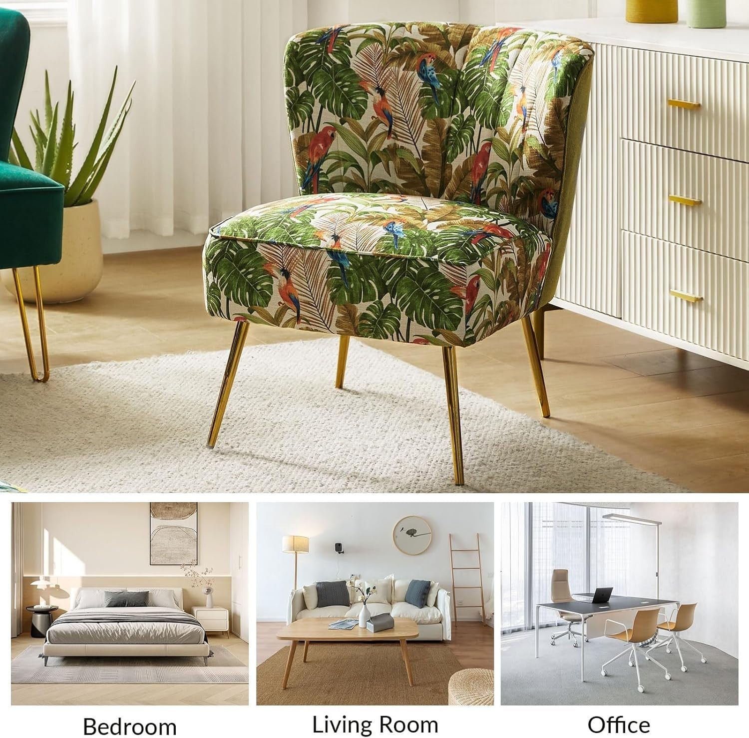 Set of 2 Green Upholstered Dining Chairs – Comfy Cushion & Gold Metal Legs