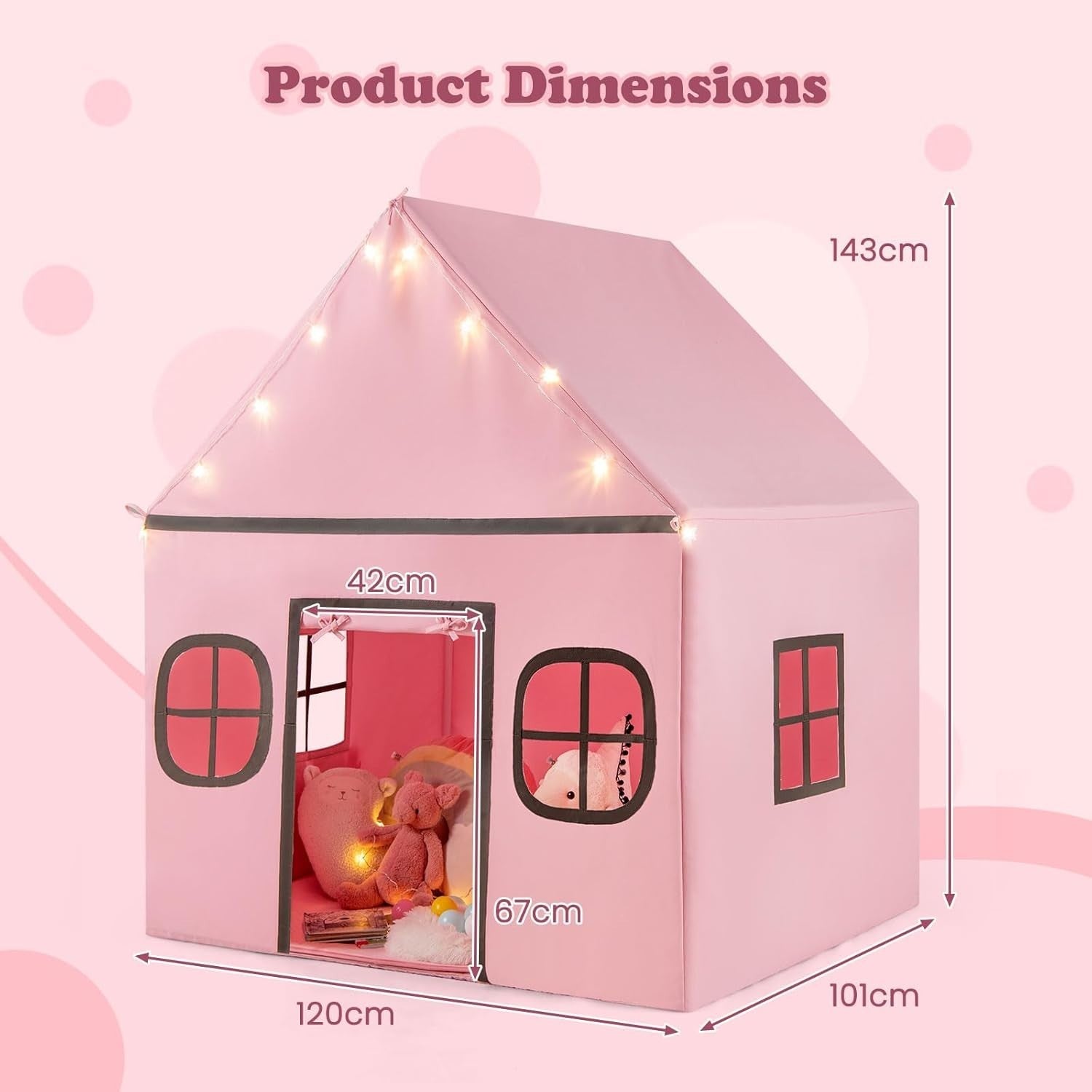 Pink Grey Kids Fairy Play Tent Indoor w Star Lights Mat Storage