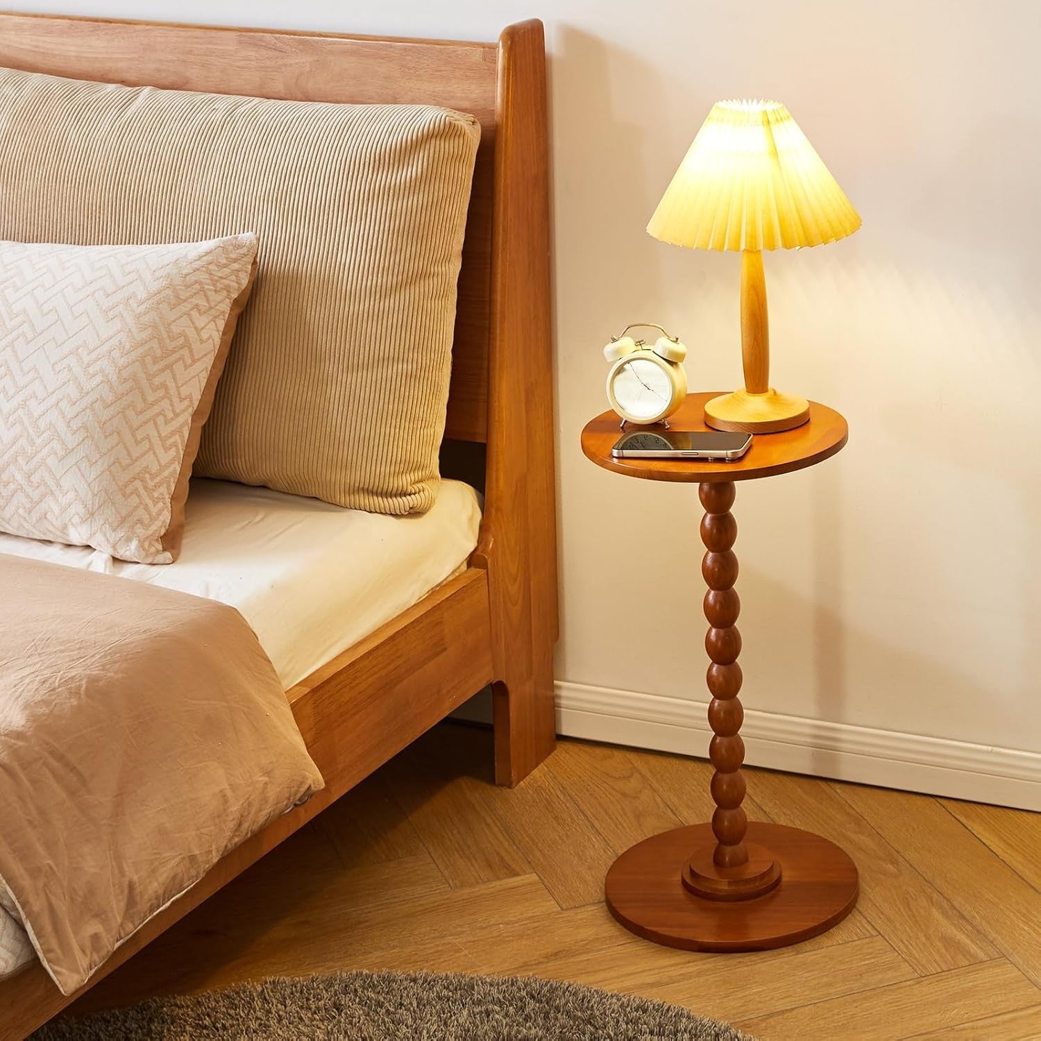 Cherry Wood Round Side Table – Modern Small Accent Table with Solid Wood Base