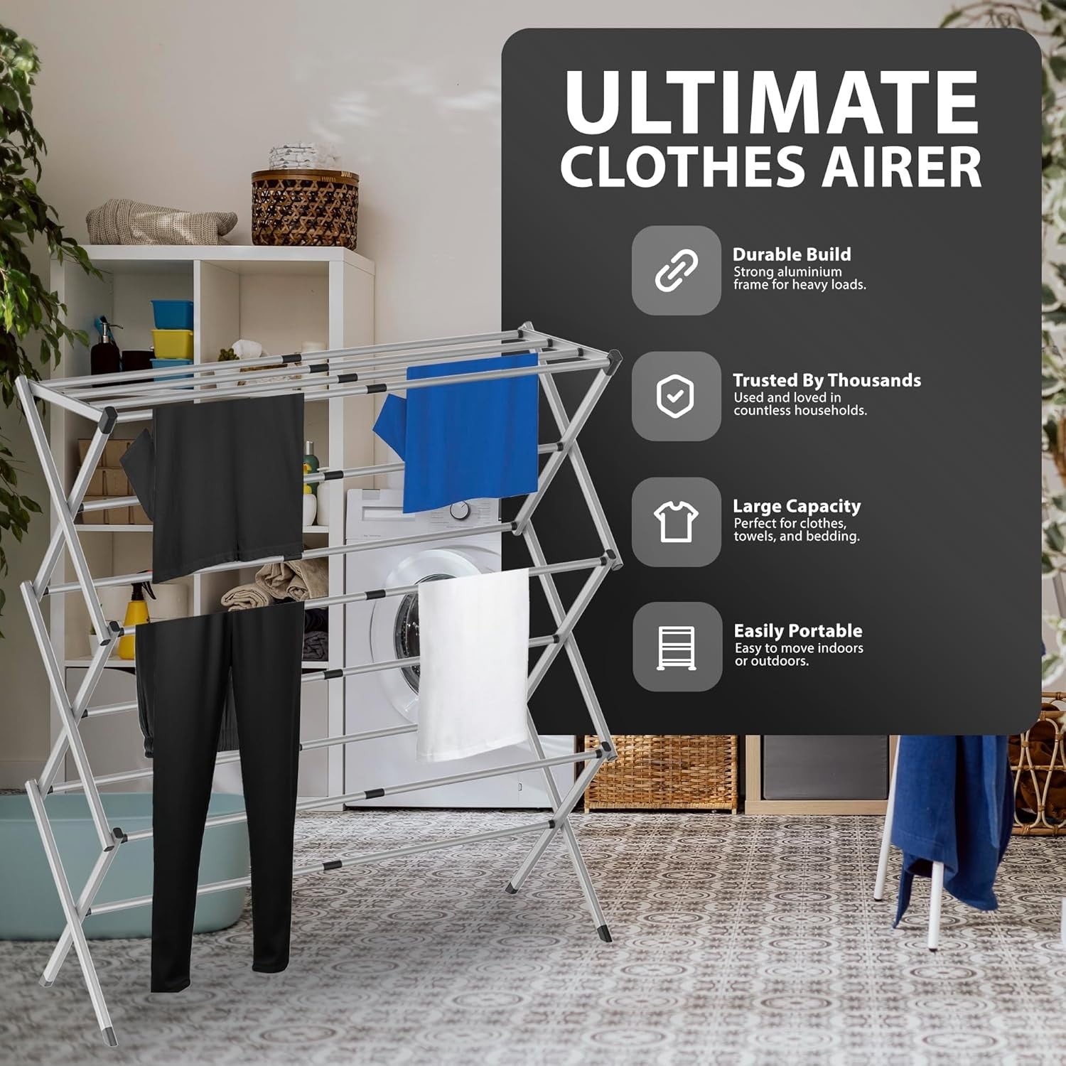 Foldable Clothes Airer Extendable Drying Rack Aluminium Indoor Outdoor Towels