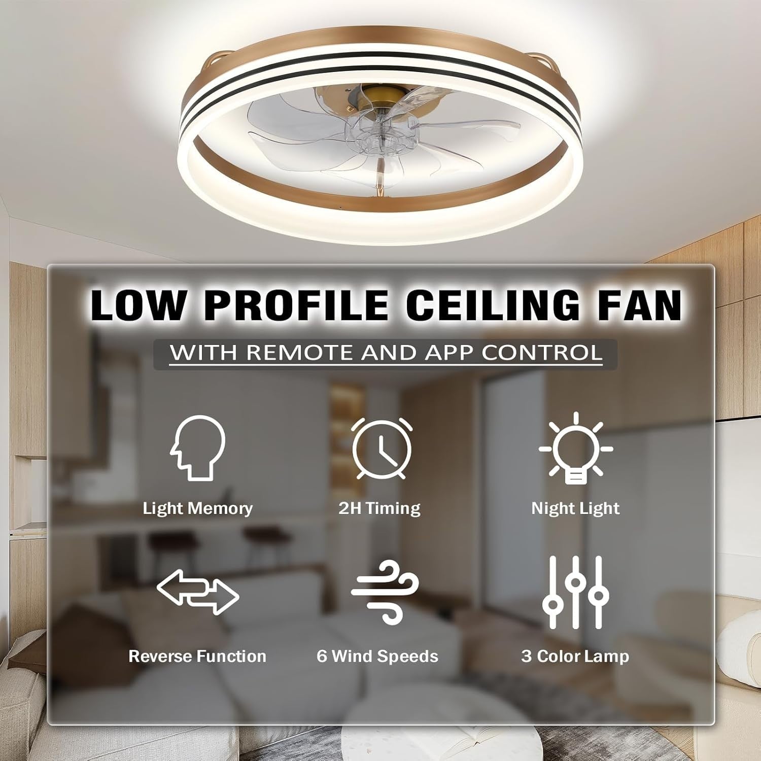 Ceiling Fan with Lights, 6-Speed Dimmable LED Gold Chandelier Fan