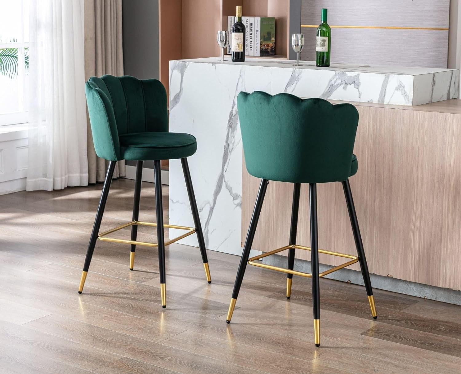 Green Velvet Bar Stools Set of 2 – Kitchen Counter Chairs