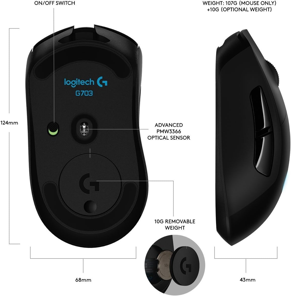 Wireless Gaming Mouse 12000 DPI LIGHTSPEED RGB 6 Buttons