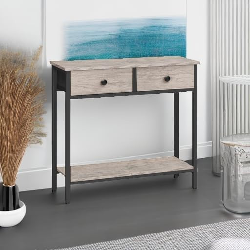 Slim Narrow Console Table with 2 Drawers & Lower Shelf for Small Spaces