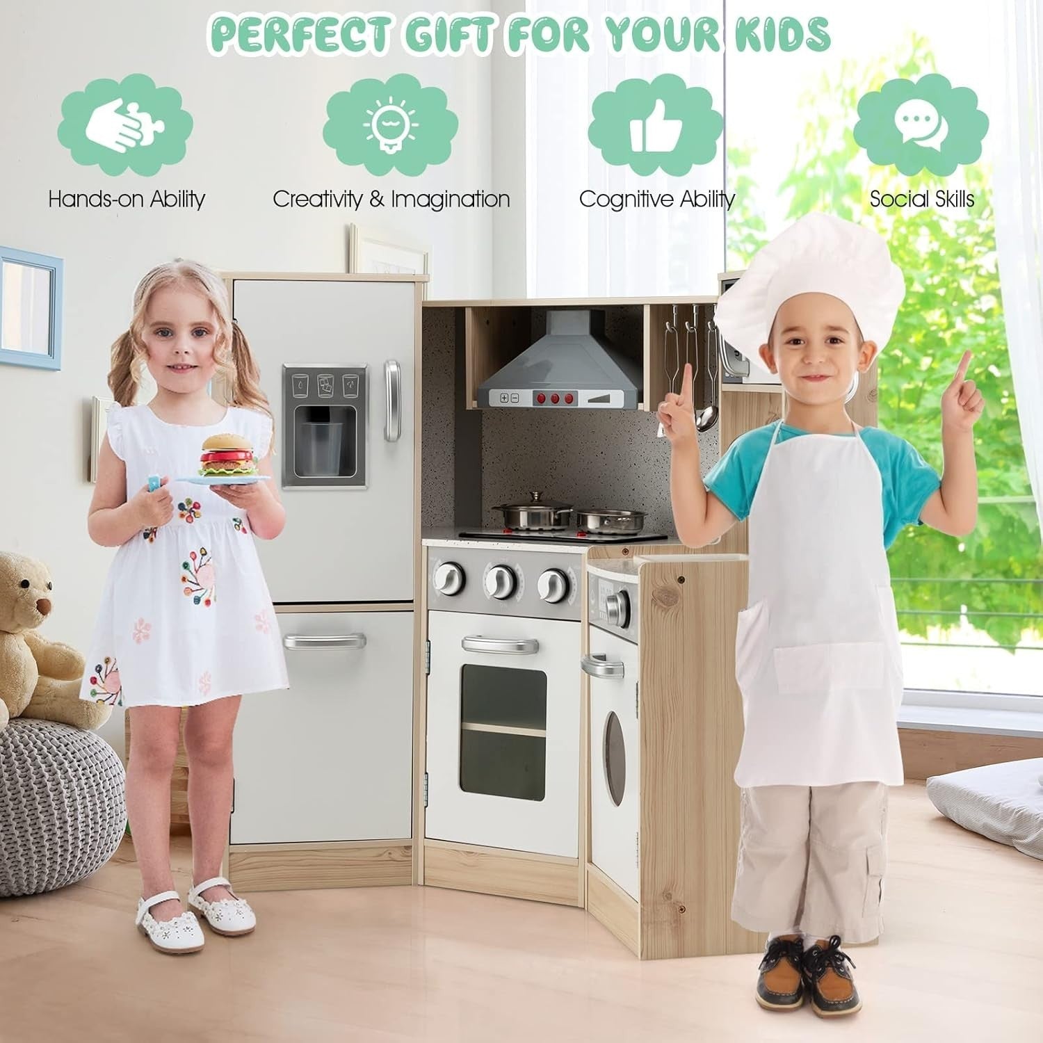 Kids Corner Wooden Play Kitchen Lights Sounds Cooking Toy Playset