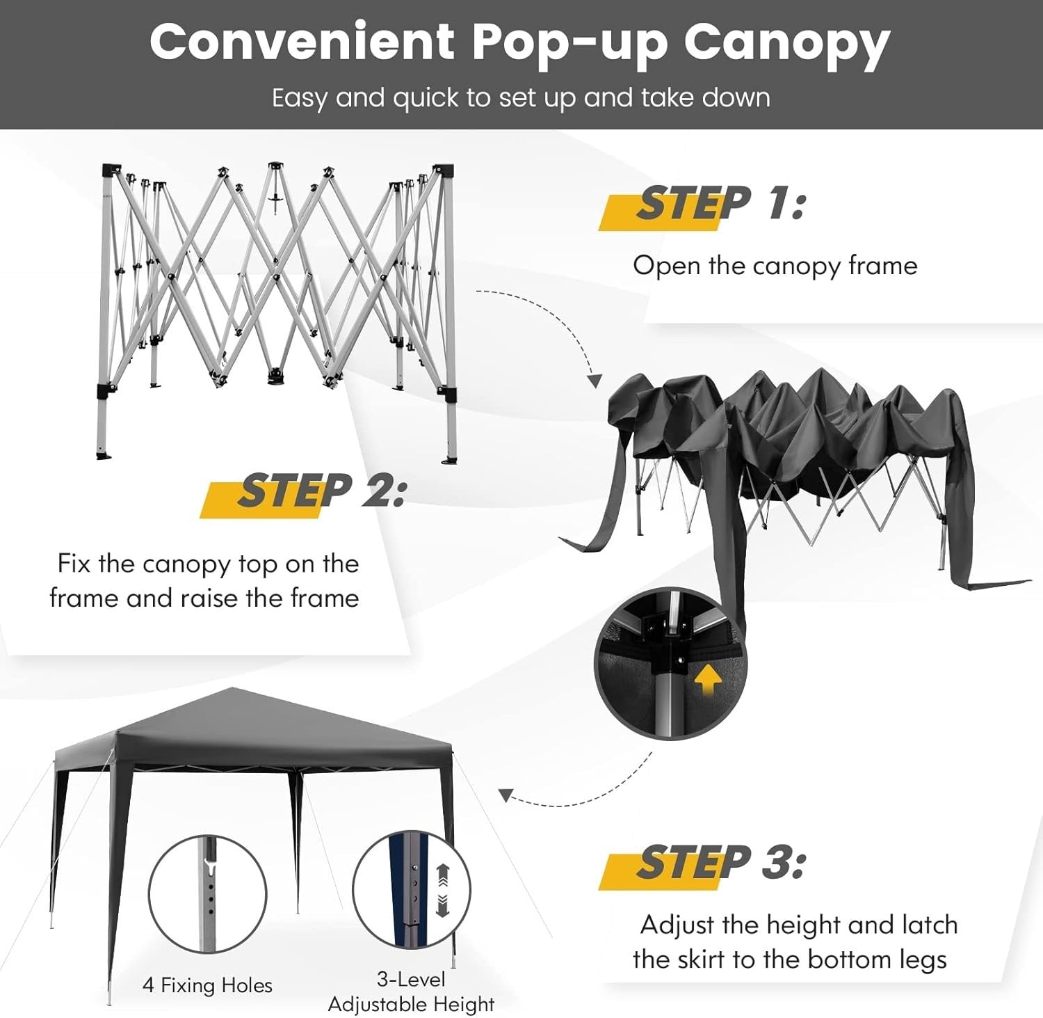3x3m Pop Up Gazebo Adjustable Waterproof Outdoor Canopy w/ Bag Grey