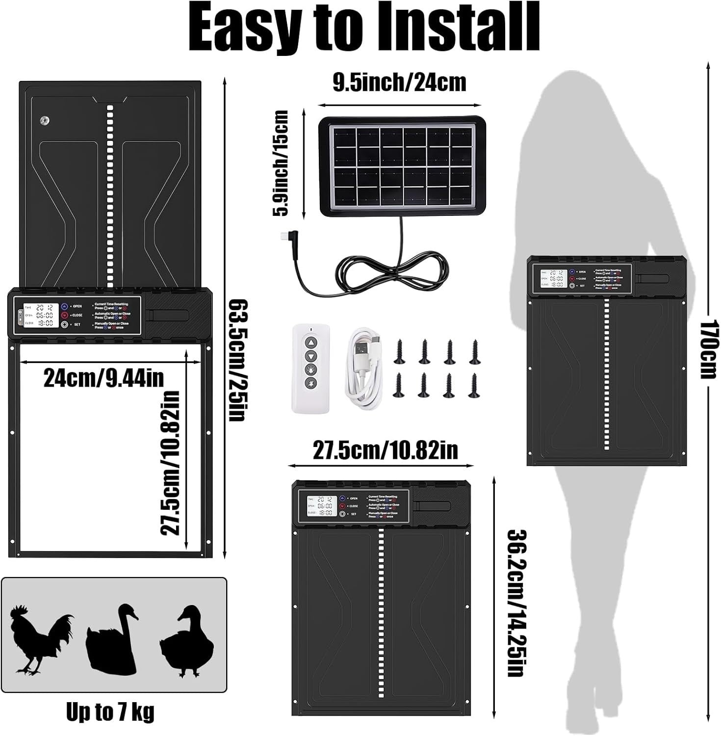 Automatic Solar Chicken Coop Door Opener Remote LCD Anti Pinch Waterproof