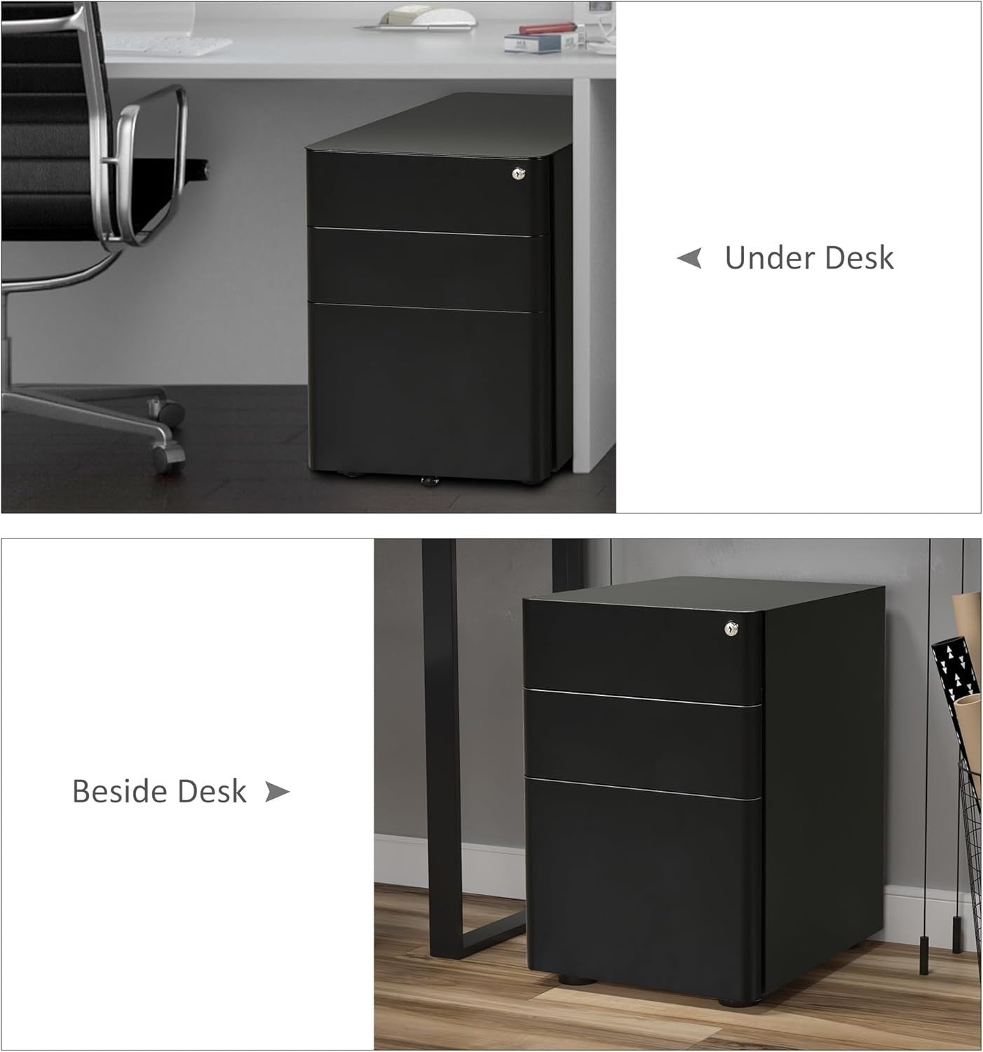 Black 3 Drawer Mobile Filing Cabinet Lockable Steel A4 Letter Office Storage