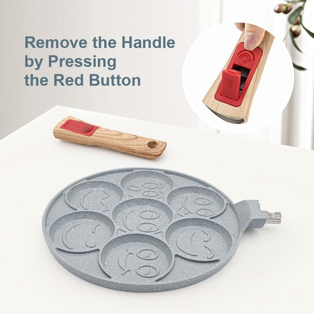 7-Hole Kids Pancake Pan Non-Stick Ceramic w/ Detachable Handle Blue Induction